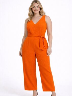 INC International Concepts Sleeveless V-Neck Tie-Waist Jumpsuit in Orange